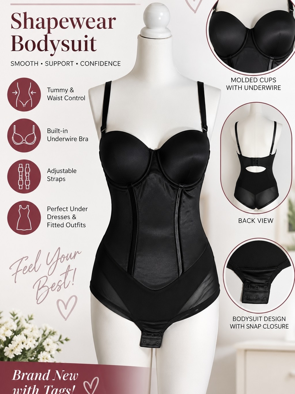 Maidenform Women’s 36C Black Shapewear Bodysuit Built-In Bra Tummy Control NWT